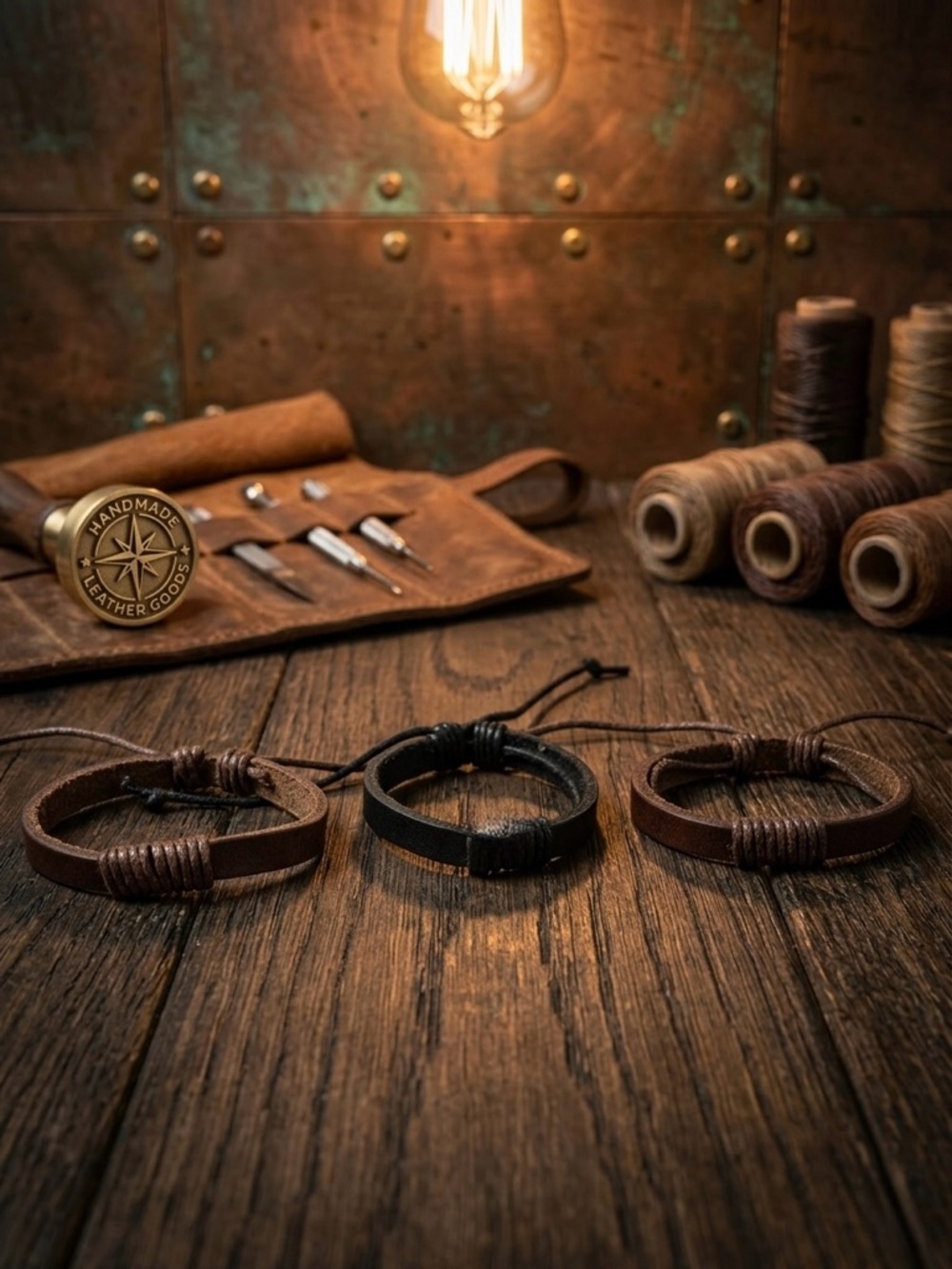 Hand Crafted Genuine Leather Cord Bracelets in Brown and Black